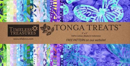 This charm pack is full of purples, blues, greens and whites. From Timeless Treasures - Tonga Treats, 5" x 5" charm pack - 42 pieces 100% cotton. 