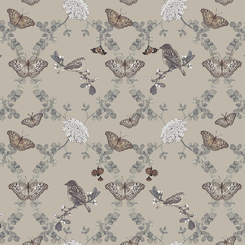 Birds, butterflies, and vining flowers create a delicate lattice on a dark gray background. From the Nature's Whisper Collection by Carissa Bordeleau for Blank. 100% Cotton, 44/5" wide.