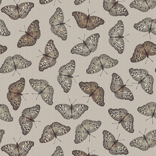 Butterflies with open wings tossed on a gray background. From the Nature's Whisper Collection by Carissa Bordeleau for Blank. 100% Cotton, 44/5" wide.