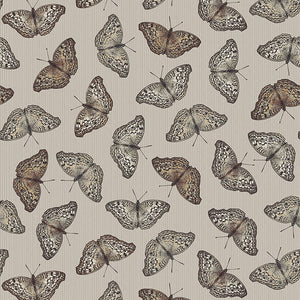 Butterflies with open wings tossed on a gray background. From the Nature's Whisper Collection by Carissa Bordeleau for Blank. 100% Cotton, 44/5" wide.