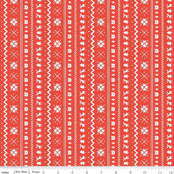 This flannel is from Riley Blake and is covered in stripes with snowflakes and little reindeer and trees. Small scale print.