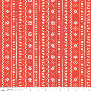 This flannel is from Riley Blake and is covered in stripes with snowflakes and little reindeer and trees. Small scale print.