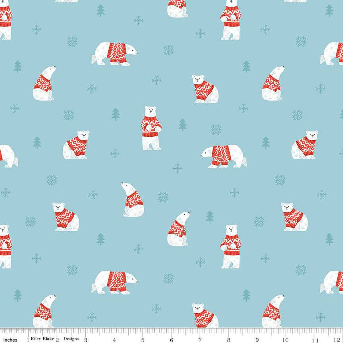 This flannel is from Riley Blake and is covered in polar bears wearing red sweaters. beautiful sky/robins egg blue background. Tiny snowflakes and trees surround the bears.&nbsp;