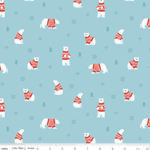 This flannel is from Riley Blake and is covered in polar bears wearing red sweaters. beautiful sky/robins egg blue background. Tiny snowflakes and trees surround the bears.&nbsp;