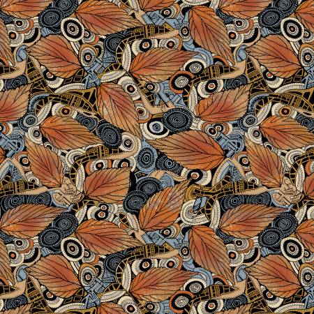 This fabric is from P & B Textiles, designed by Jamie Kalvestran for the Origins collection. This fabric is a graphic blue and orange print. Leaves, circles, swirls and more 