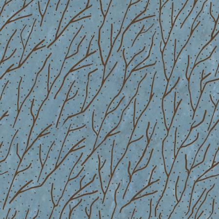 This fabric is from P & B Textiles, designed by Jamie Kalvestran for the Origins collection. This fabric is covered in brown branches on a stone blue background. Pairs well with the coordinate from the same collection, "Leaf Design Toss"
