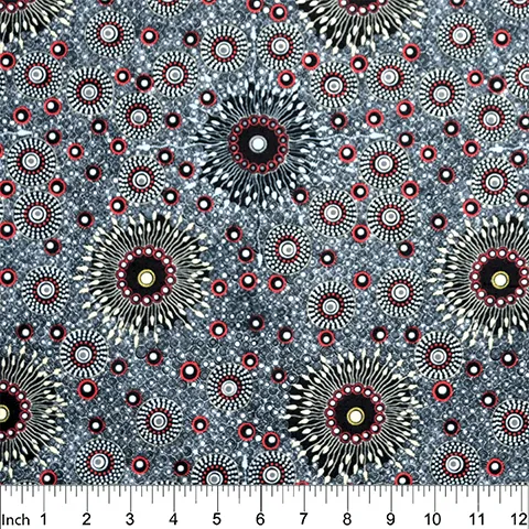This fabric is 100% rayon and is 56" wide. Reds, yellow, light blue, black and white make up this beautiful fabric.