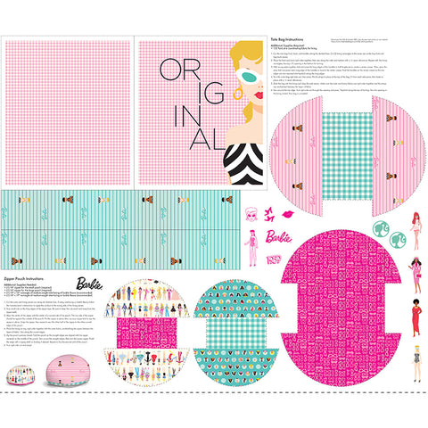 The Barbie™ World collection for Riley Blake Designs is great for quilting, apparel and home decor. This digitally-printed panel features the pieces and instructions to make a Barbie™ tote bag and two zipper bags. Panel size is 36" x 43". Official licensed product.