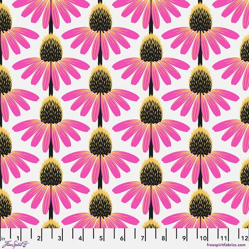 Bright and fun floral from Freespirit designed by Anna Maria. This fabric has large echinacea flowers on a white background. The petals are hot pink, orange and yellow with a black center. 