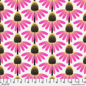 Bright and fun floral from Freespirit designed by Anna Maria. This fabric has large echinacea flowers on a white background. The petals are hot pink, orange and yellow with a black center. 