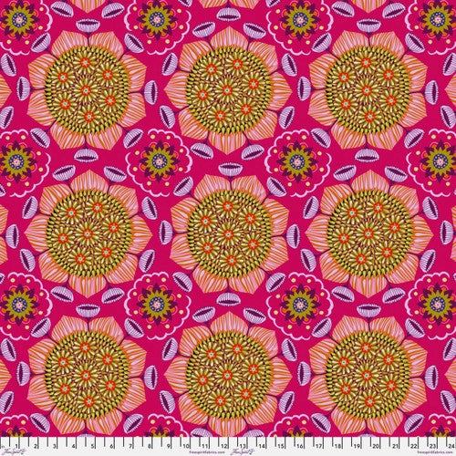 Bright and fun floral from Freespirit designed by Anna Maria. This fabric has large kaleidoscope style flower with a green gold center and pink and purple petals. There are also some purple flowers that are sticking out of the main flower petals. This fabric is so interesting to look at! 