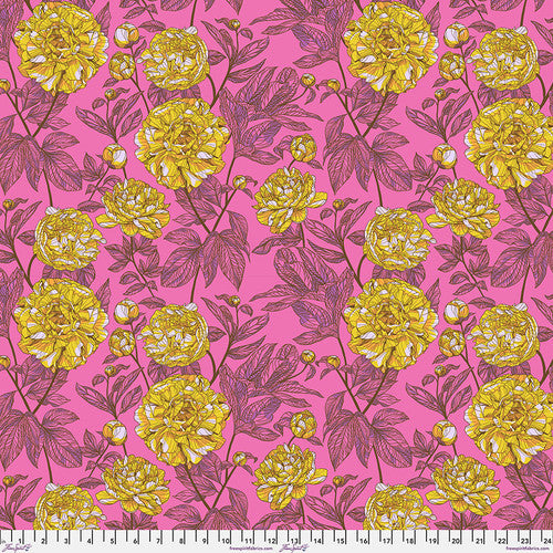 This fabric is from Freespirit, designed by Anna Maria for the "Our Fair Home" collection. this fabric is bright pink with yellow flowers all over and brown leaves. Eye catching colors and design.