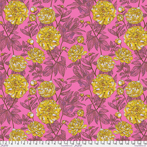This fabric is from Freespirit, designed by Anna Maria for the "Our Fair Home" collection. this fabric is bright pink with yellow flowers all over and brown leaves. Eye catching colors and design.