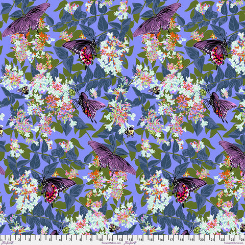 This fabric is from Freespirit, designed by Anna Maria for the "Our Fair Home" collection. This fabric is covered in colorful butterflies and flowers. Background is a periwinkle purple/blue with green and blue leaves. Even better in person!