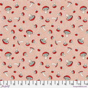 This fabric is from Freespirit and is covered in red and white mushrooms! The background is pink with little white dots all over.  100% cotton 44"/45"