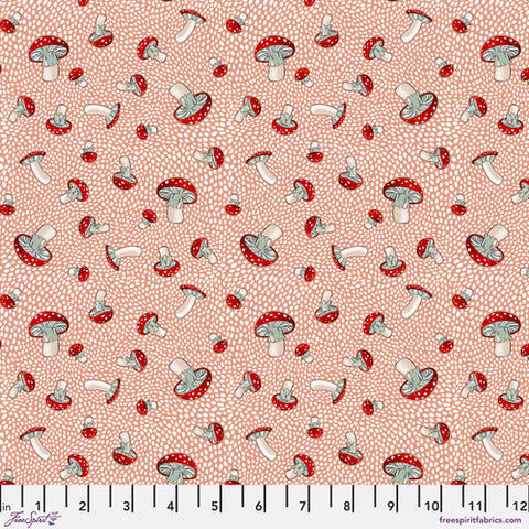 This fabric is from Freespirit and is covered in red and white mushrooms! The background is pink with little white dots all over.  100% cotton 44"/45"