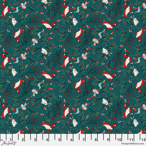 This fabric is from Freespirit and features little bunnies, foxes and mushrooms over a dark emerald green background. 100% cotton 44"/45"