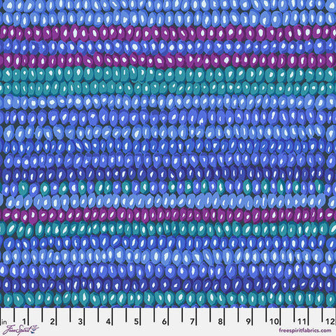 Vintage collection by Kaffe Fassett for Freespirit Fabrics. This fabric resembles a beaded curtain. the colors are all jewel toned cool colors, cobalt blue, turquoise, purple, cornflower blues. The stripe is horizontal. 