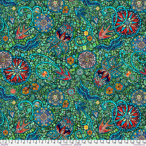As with its namesake, Murano, this collection is an exquisite arrangement of glass-like beads that form mosaics of swirling floral patterns. Its level of detail demands a second look. Though predominantly blue and green, a rainbow of jewel tones are present.&nbsp;From the Murano Collection by Odile Bailloeul for FreeSpirit.&nbsp;100% Cotton, 44" wide.