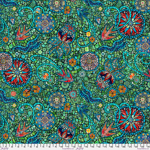 This fabric is designed by Odile Bailloeul for FreeSpirit. This collection is reminiscent of mosaics. Bright and bold designs with so much to look at! This fabric is in the cooler color tone with blues and greens and a pop of red and orange. 