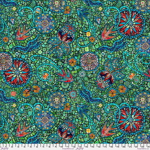 As with its namesake, Murano, this collection is an exquisite arrangement of glass-like beads that form mosaics of swirling floral patterns. Its level of detail demands a second look. Though predominantly blue and green, a rainbow of jewel tones are present.&nbsp;From the Murano Collection by Odile Bailloeul for FreeSpirit.&nbsp;100% Cotton, 44" wide.