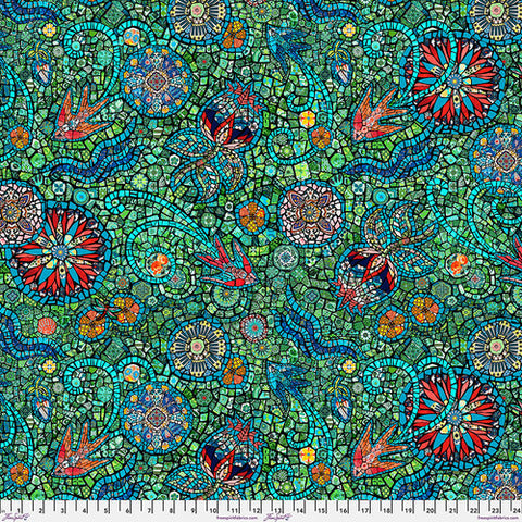 This fabric is designed by Odile Bailloeul for FreeSpirit. This collection is reminiscent of mosaics. Bright and bold designs with so much to look at! This fabric is in the cooler color tone with blues and greens and a pop of red and orange. 