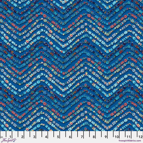 This fabric is designed by Odile Bailloeul for FreeSpirit. This collection is reminiscent of mosaics. Bright and bold designs with so much to look at! This fabric is in the cooler color tone with blues and greens and a pop of red and orange. Design is a wavy zig zag made up of small squares and circles. 