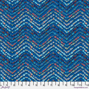 This fabric is designed by Odile Bailloeul for FreeSpirit. This collection is reminiscent of mosaics. Bright and bold designs with so much to look at! This fabric is in the cooler color tone with blues and greens and a pop of red and orange. Design is a wavy zig zag made up of small squares and circles. 