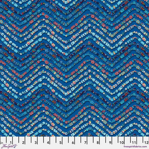 This fabric is designed by Odile Bailloeul for FreeSpirit. This collection is reminiscent of mosaics. Bright and bold designs with so much to look at! This fabric is in the cooler color tone with blues and greens and a pop of red and orange. Design is a wavy zig zag made up of small squares and circles. 