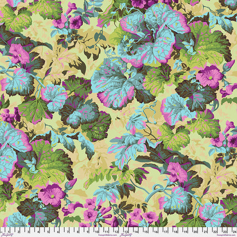 Vintage collection by Kaffe Fassett for Freespirit Fabrics. This bright fabric is from Kaffe Fassett and is full of teals, greens, pinks and yellows. Big leaf print over a soft yellow background.