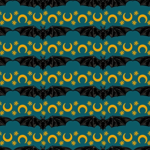 This awesome fabric is from Freespirit by Rachel Hauer. This fabric has bats with their wings open next to crescent moons and stars on a deep turquoise background. 