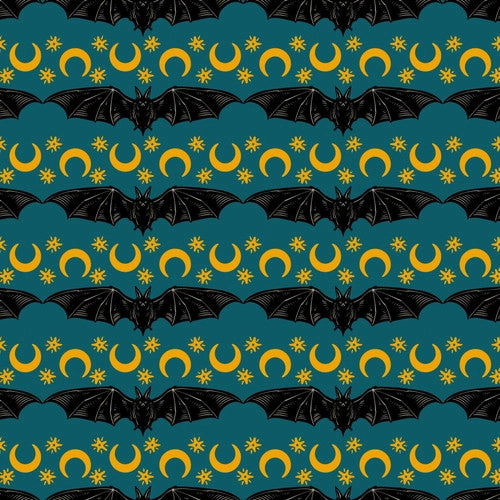 This awesome fabric is from Freespirit by Rachel Hauer. This fabric has bats with their wings open next to crescent moons and stars on a deep turquoise background. 