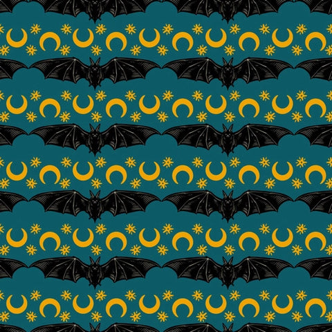 This awesome fabric is from Freespirit by Rachel Hauer. This fabric has bats with their wings open next to crescent moons and stars on a deep turquoise background. 