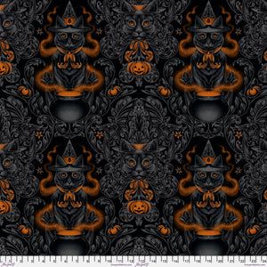 This awesome fabric is from Freespirit by Rachel Hauer. This fabric has black cats on it with witch hats in front of cauldrons. The background of the fabric looks like a damask with the curves and swirls.  