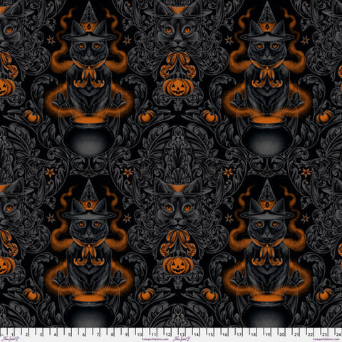This awesome fabric is from Freespirit by Rachel Hauer. This fabric has black cats on it with witch hats in front of cauldrons. The background of the fabric looks like a damask with the curves and swirls.  