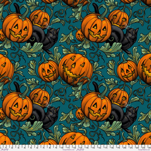 This awesome fabric is from Freespirit by Rachel Hauer. This fabric has black cats on it with jack o lanterns and pretty sage green leaves. 