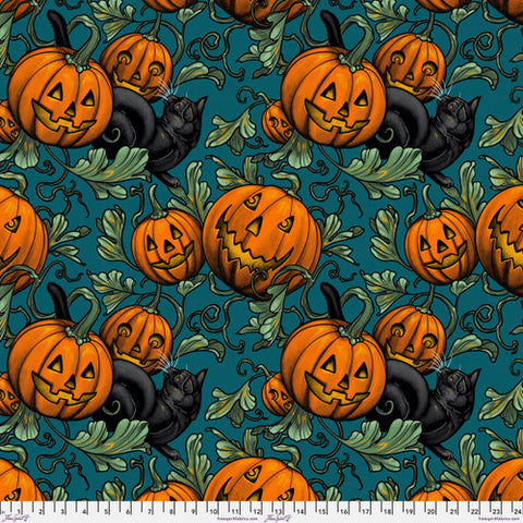 This awesome fabric is from Freespirit by Rachel Hauer. This fabric has black cats on it with jack o lanterns and pretty sage green leaves. 