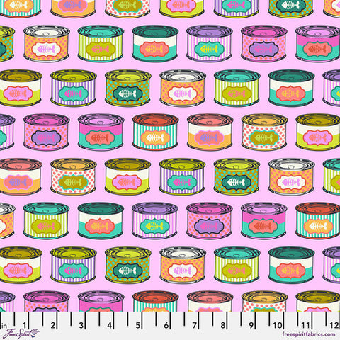A purr-fect collection to create a technicolor quilt in honor of your favorite feline or your favorite cat lover. A rainbow of fantastical tins of cat food in neat rows on a pink background. From the Tabby Road Collection by Tula Pink for FreeSpirit Fabrics. 100% Cotton, 44/45" wide.