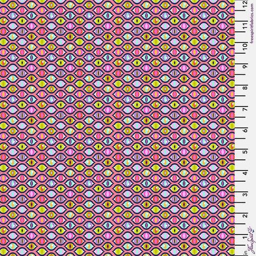 A purr-fect collection to create a technicolor quilt in honor of your favorite feline or your favorite cat lover. Rows of cat eyes in all shades of the rainbow stare out from a hot pink background. From the Tabby Road Collection by Tula Pink for FreeSpirit Fabrics. 100% Cotton, 44/45" wide.