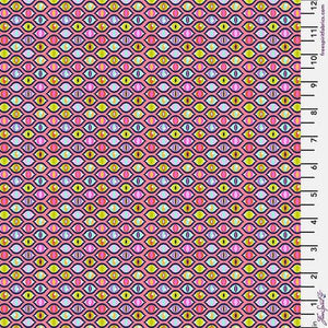 A purr-fect collection to create a technicolor quilt in honor of your favorite feline or your favorite cat lover. Rows of cat eyes in all shades of the rainbow stare out from a hot pink background. From the Tabby Road Collection by Tula Pink for FreeSpirit Fabrics. 100% Cotton, 44/45" wide.