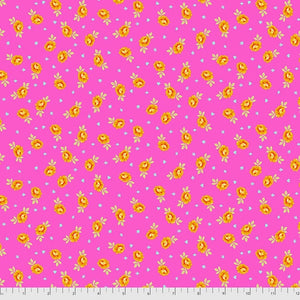 Hot pink and orange Baby Buds on a magenta background with little green leaves and teal suits. From the Curioser and Curioser Collection by Tula Pink for Freespirit Fabrics.   100% Cotton, 44/5"