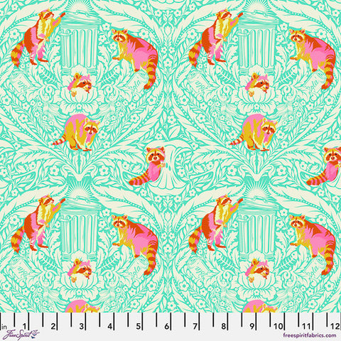 This fabric from Tula Pink features racoons and trash cans, who knew they could be so cute! Bright teal, hot pink, oranges, yellow and bright white make up this fabric. 
