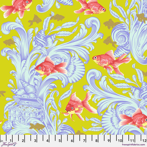 This fabric from Tula Pink has bright orange and coral goldfish with golden fish swimming around with them. There is a baroque design behind the fish that is light purple and light blue. the background is a vibrant lime green. This fabric is on the larger scale but would make a great addition to any project! 100% cotton 44"/45"