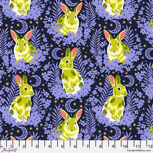 This fabric from Tula Pink has lime green bunnies over a dark purple background. There are gold stars floating around as well as light purple leaves and flowers. This fabric is on the larger scale, but would make a great addition to any project! 100% cotton 44"/45"