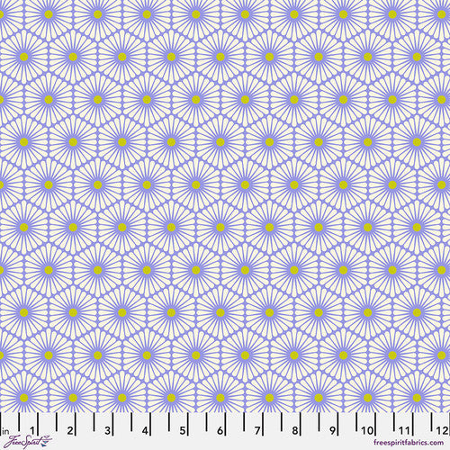 This fabric is called daisy chain and for good reason. Each flower is a hexagon shape with white petals and a center. Colorways are periwinkle and yellow, teal and hot pink. 100% cotton 44"/45"