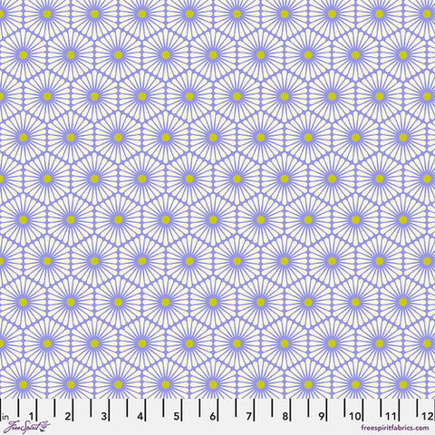 This fabric is called daisy chain and for good reason. Each flower is a hexagon shape with white petals and a center. Colorways are periwinkle and yellow, teal and hot pink. 100% cotton 44"/45"