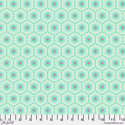 This fabric is called daisy chain and for good reason. Each flower is a hexagon shape with white petals and a center. Colorways are periwinkle and yellow, teal and hot pink. 100% cotton 44"/45"