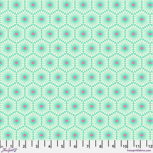 This fabric is called daisy chain and for good reason. Each flower is a hexagon shape with white petals and a center. Colorways are periwinkle and yellow, teal and hot pink. 100% cotton 44"/45"
