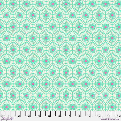 This fabric is called daisy chain and for good reason. Each flower is a hexagon shape with white petals and a center. Colorways are periwinkle and yellow, teal and hot pink. 100% cotton 44"/45"