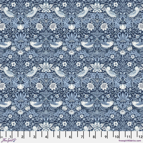 Beautiful Morris & co fabric is covered in traditional style leaves and flowers with birds and berries. Birds are cream and light blue surrounded by blue flowers. All on top of a navy-blue background. Very soft fabric - lightly colored, perfect for any kind of project!